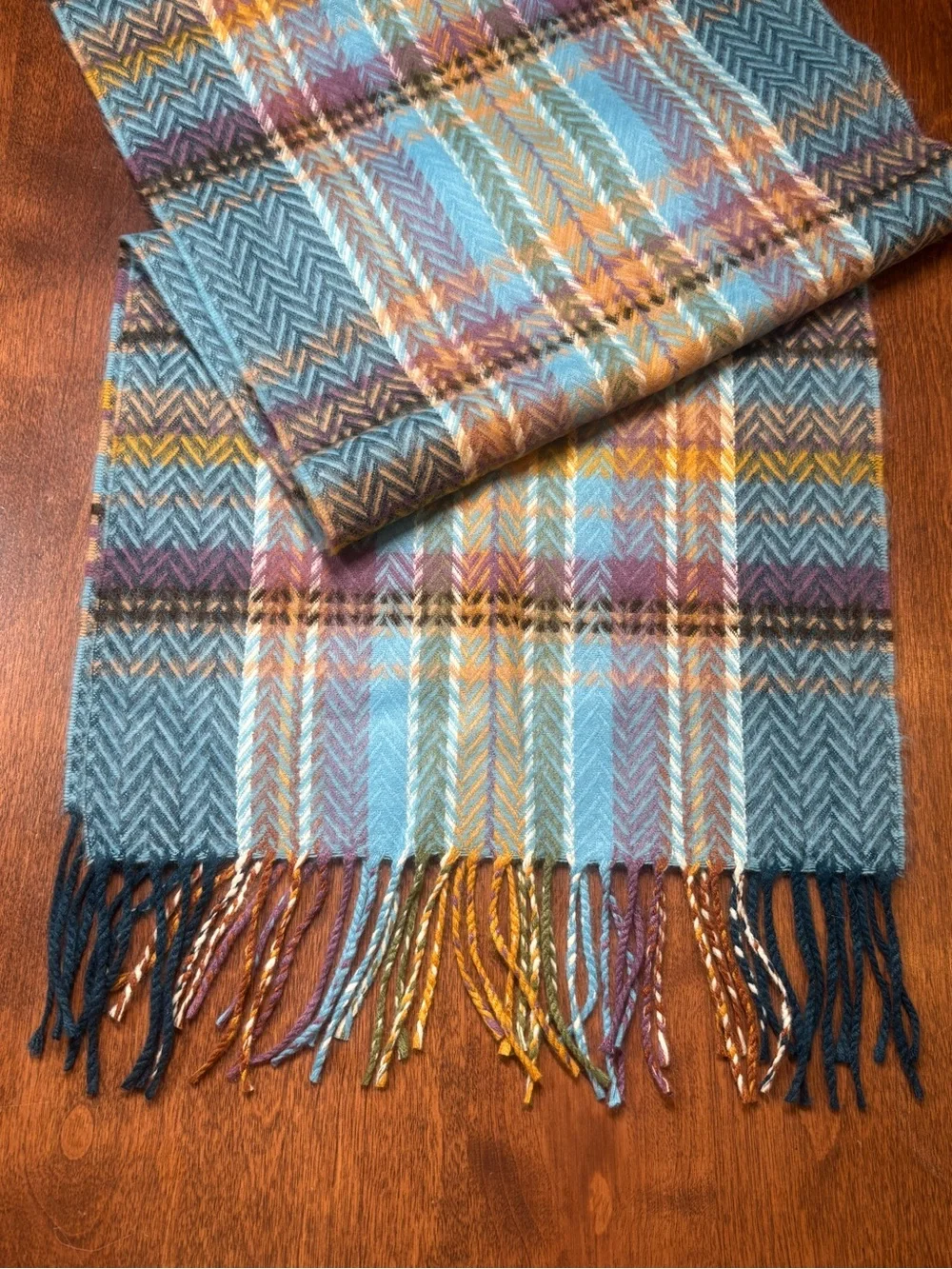 croft & barrow teal, light blue, mustard, purple plaid fringe scarf